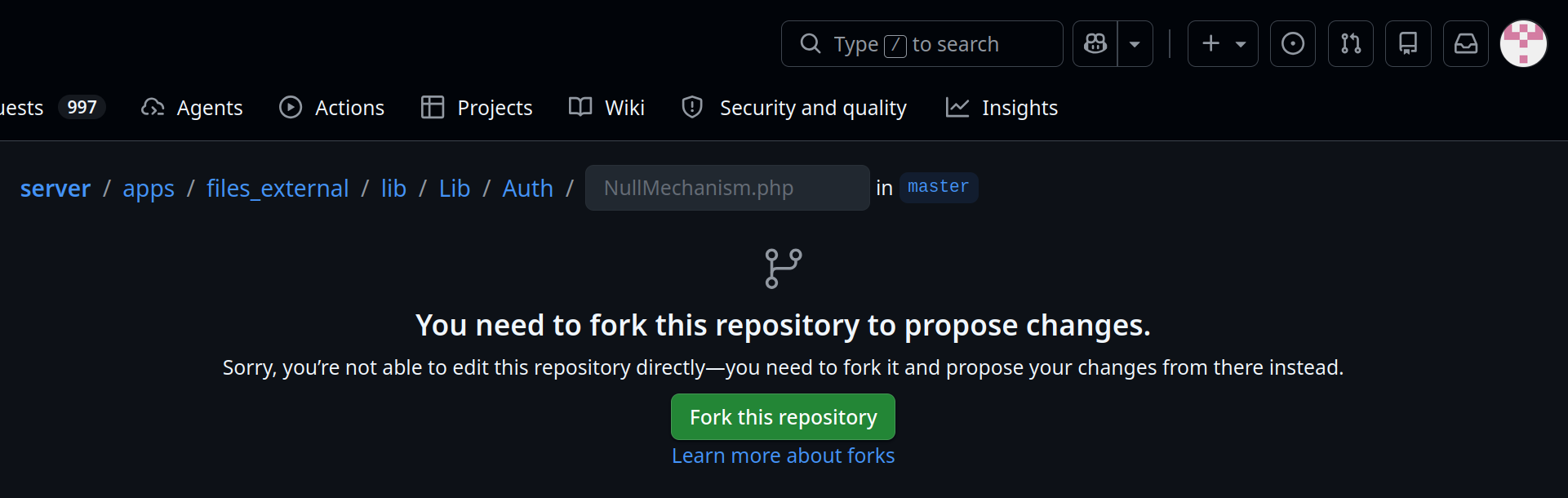GitHub page reading "You need to fork this repository to propose changes", with a "Fork this repository" button