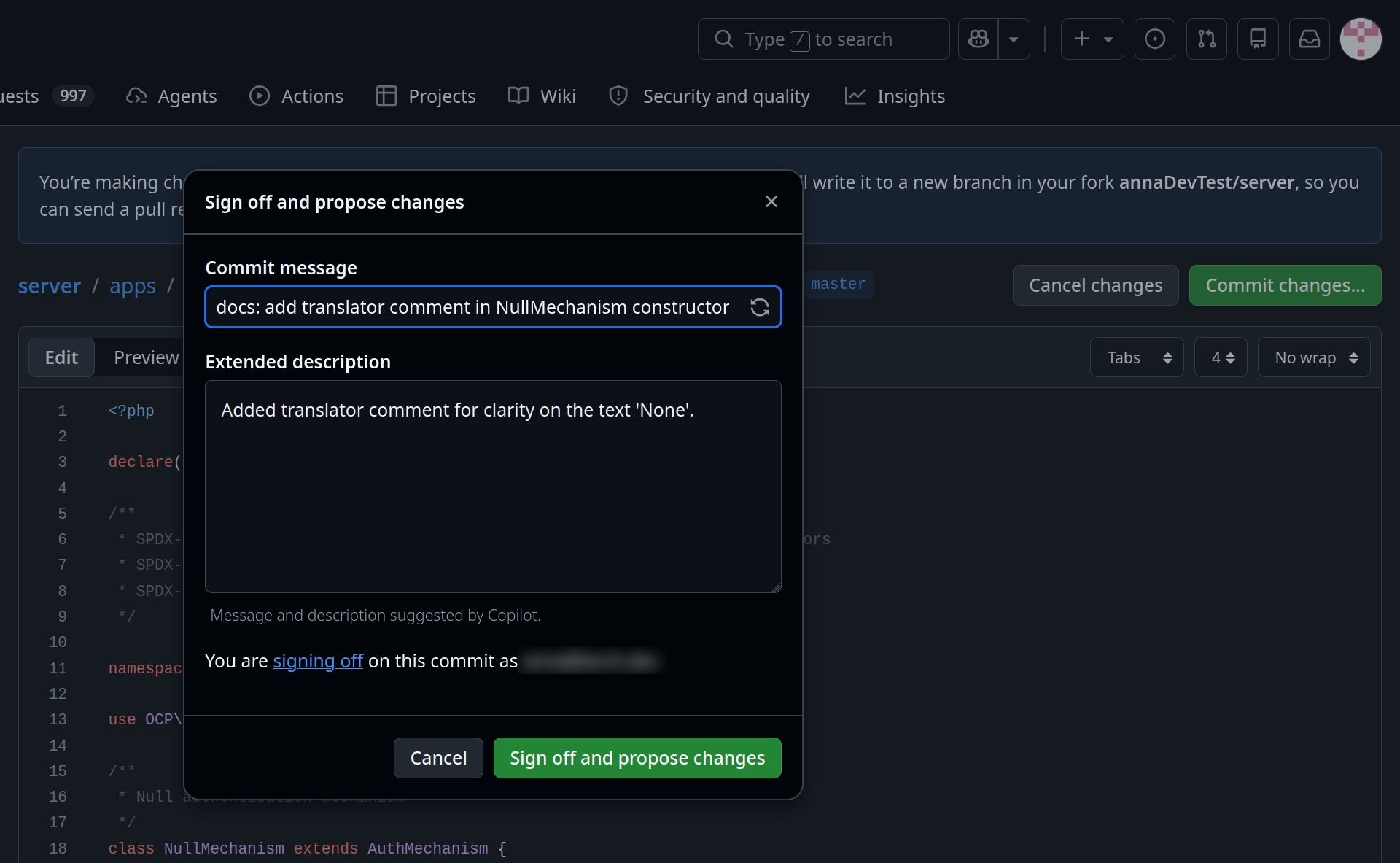 The "Sign off and propose changes" dialog, with a commit message field, an extended description, and a note showing the address the commit is signed off with