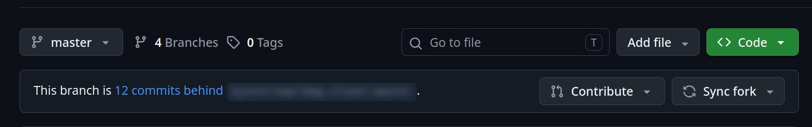 The bar above a fork's file list, reading "This branch is 12 commits behind", with Contribute and Sync fork buttons at the right
